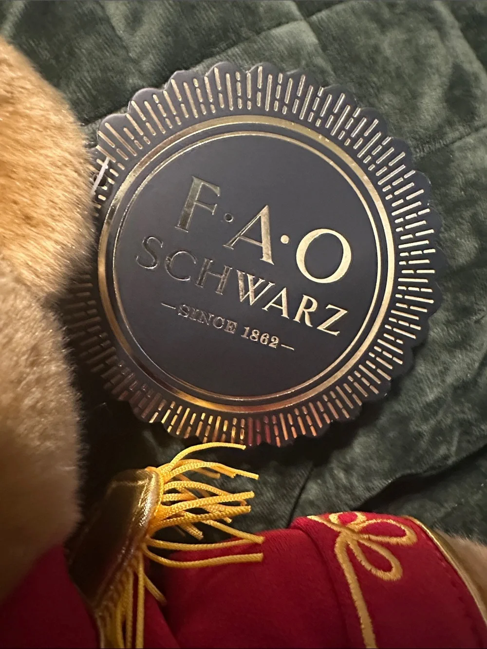 FAO Schwarz Red-Jacketed Tan Bear with Black Hat